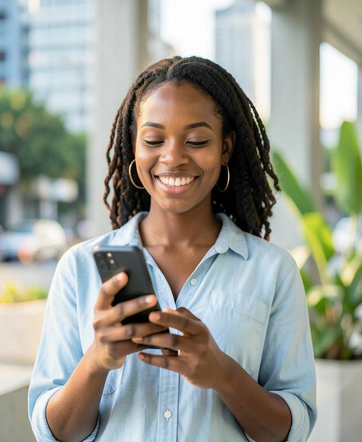 Woman in Lagos checking her LoomingPay wallet on her phone